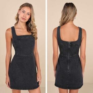 NWT Lulus So Delighted Washed Black Denim Corset Seam Mini Dress, XS